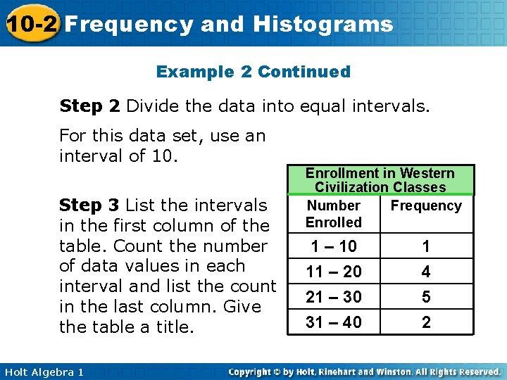 10 -2 Frequency and Histograms Example 2 Continued Step 2 Divide the data into