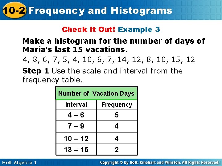 10 -2 Frequency and Histograms Check It Out! Example 3 Make a histogram for