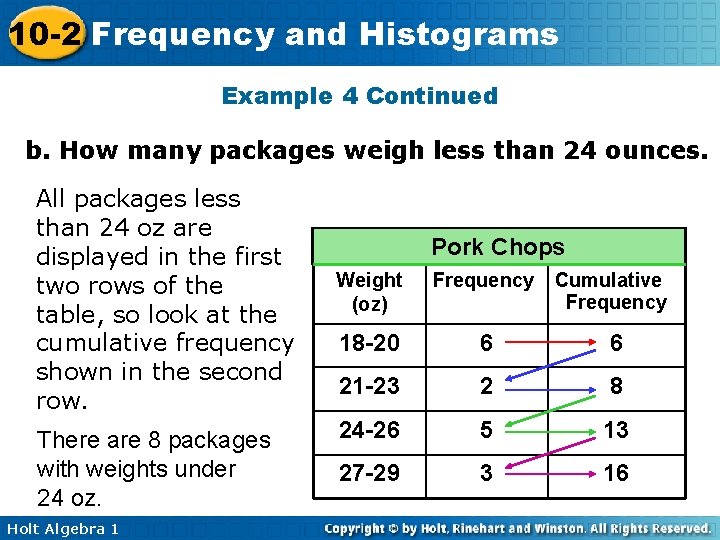 10 -2 Frequency and Histograms Example 4 Continued b. How many packages weigh less