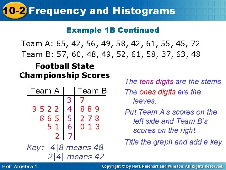 10 -2 Frequency and Histograms Example 1 B Continued Team A: 65, 42, 56,