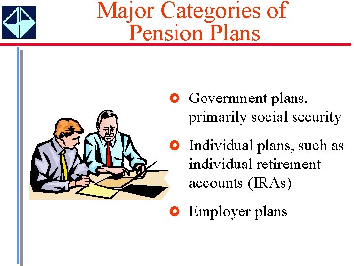 Major Categories of Pension Plans £ Government plans, primarily social security £ Individual plans,