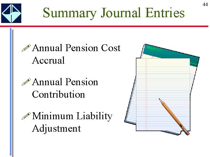 Summary Journal Entries ! Annual Pension Cost Accrual ! Annual Pension Contribution ! Minimum