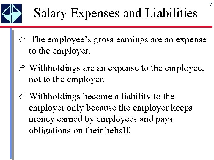 Salary Expenses and Liabilities Æ The employee’s gross earnings are an expense to the