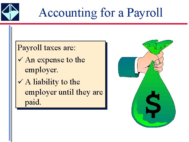 Accounting for a Payroll taxes are: ü An expense to the employer. ü A Accounting for a Payroll taxes are: ü An expense to the employer. ü A