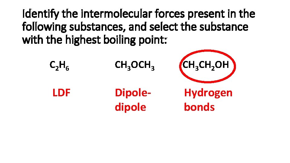 Identify the intermolecular forces present in the following substances, and select the substance with