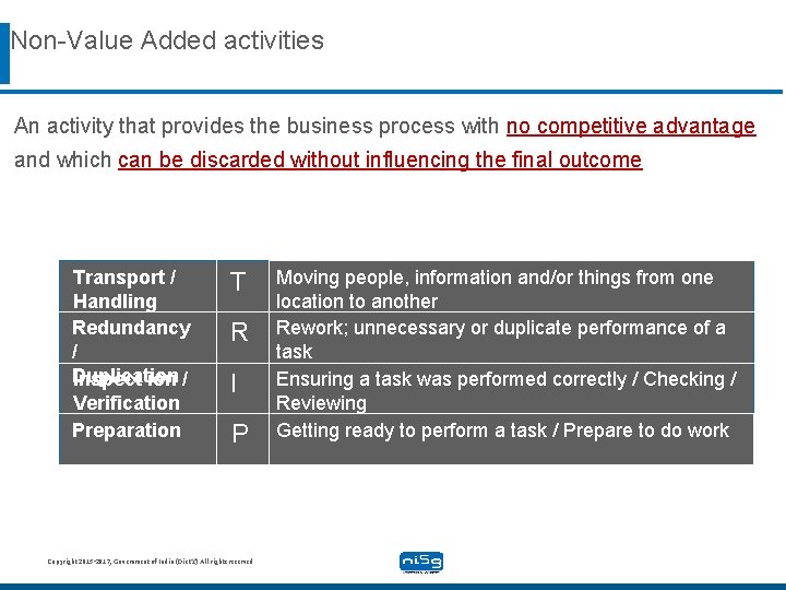 Non-Value Added activities An activity that provides the business process with no competitive advantage