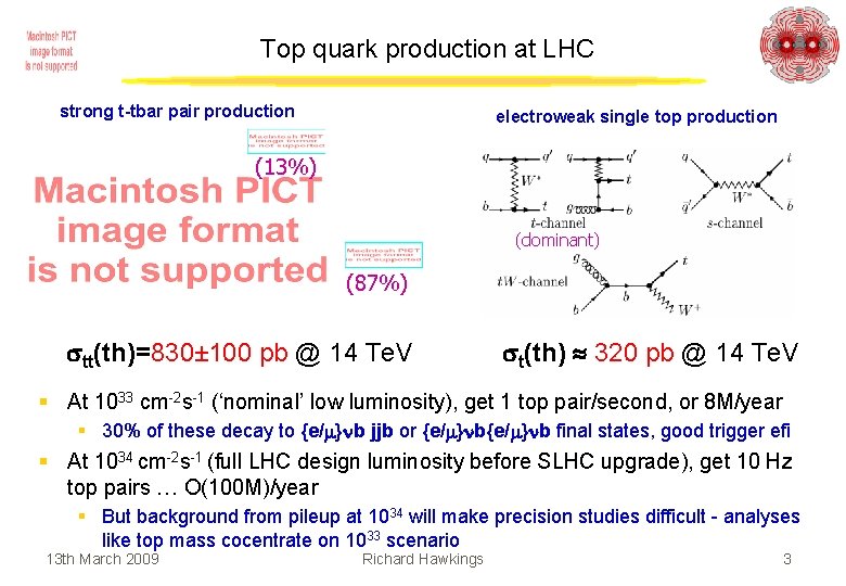 Top quark production at LHC strong t-tbar pair production electroweak single top production (13%)