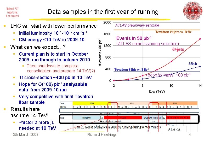 Data samples in the first year of running § LHC will start with lower