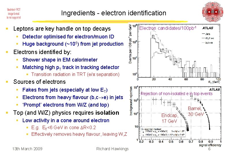 Ingredients - electron identification § Leptons are key handle on top decays Electron candidates/100