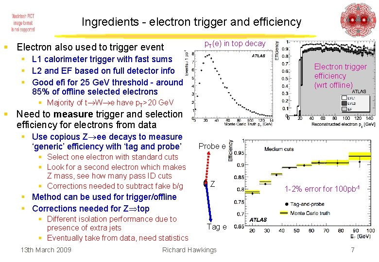 Ingredients - electron trigger and efficiency § Electron also used to trigger event p.