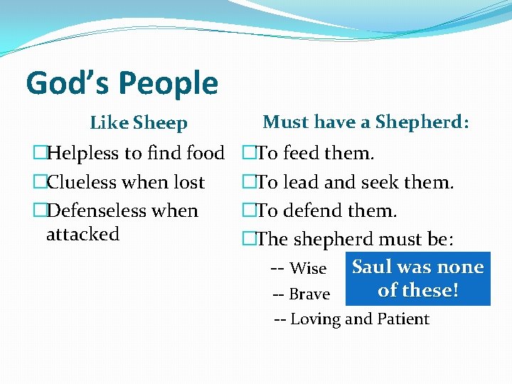 God’s People Like Sheep �Helpless to find food �Clueless when lost �Defenseless when attacked God’s People Like Sheep �Helpless to find food �Clueless when lost �Defenseless when attacked