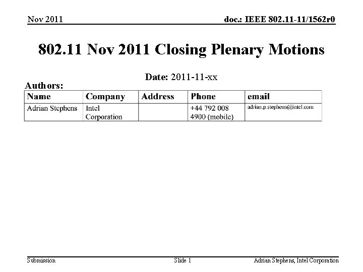 Nov 2011 doc. : IEEE 802. 11 -11/1562 r 0 802. 11 Nov 2011