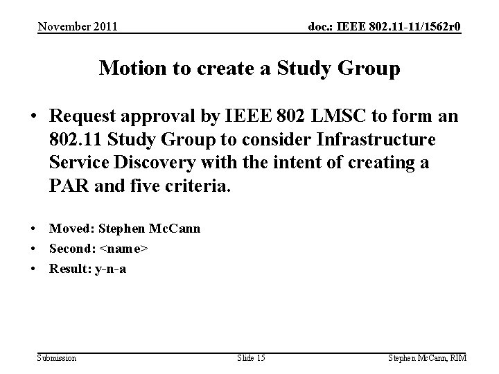 November 2011 doc. : IEEE 802. 11 -11/1562 r 0 Motion to create a