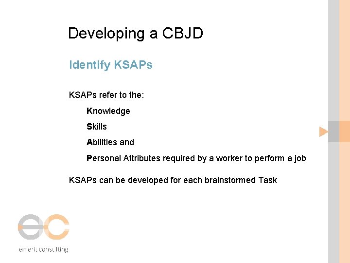 Developing a CBJD Identify KSAPs refer to the: Knowledge Skills Abilities and Personal Attributes