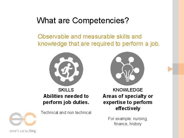 What are Competencies? Observable and measurable skills and knowledge that are required to perform
