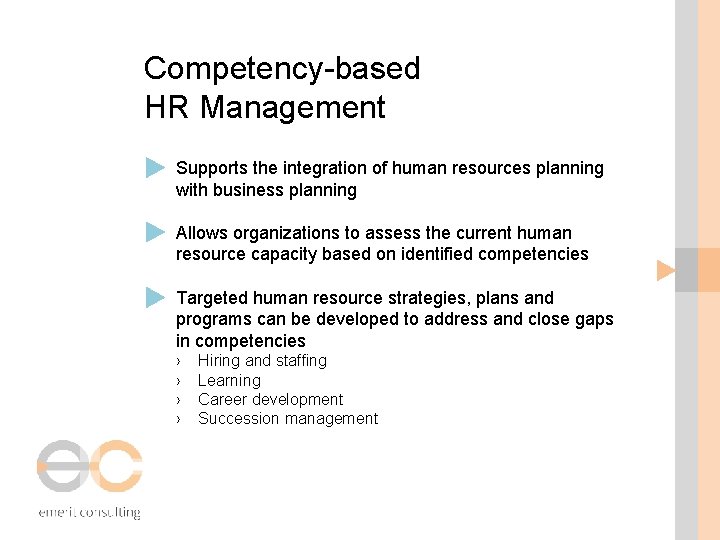 Competency-based HR Management Supports the integration of human resources planning with business planning Allows
