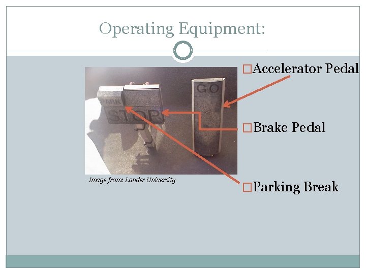 Operating Equipment: �Accelerator Pedal �Brake Pedal Image from: Lander University �Parking Break 