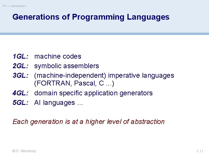 PS — Introduction Generations of Programming Languages 1 GL: machine codes 2 GL: symbolic