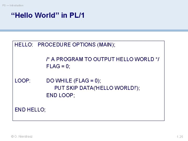 PS — Introduction “Hello World” in PL/1 HELLO: PROCEDURE OPTIONS (MAIN); /* A PROGRAM