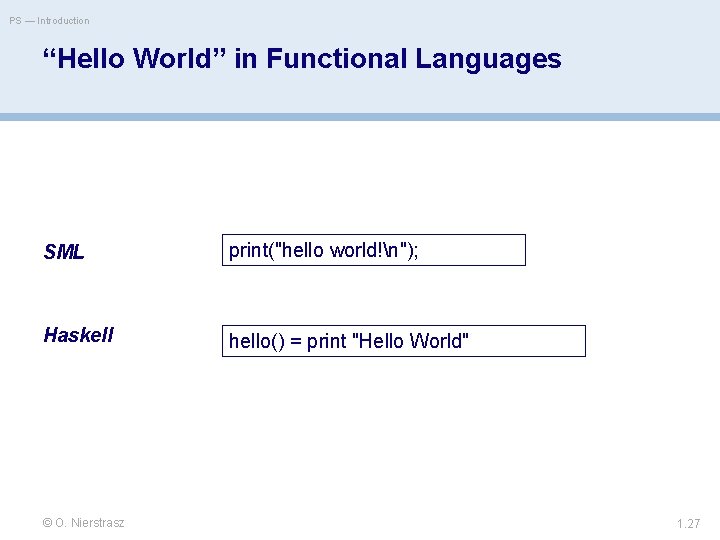 PS — Introduction “Hello World” in Functional Languages SML print("hello world!n"); Haskell hello() =