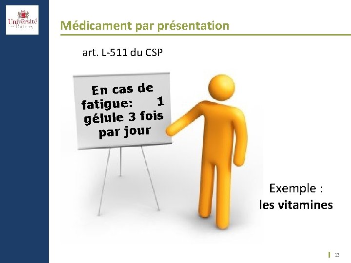 Médicament par présentation art. L-511 du CSP En cas de 1 fatigue: gélule 3