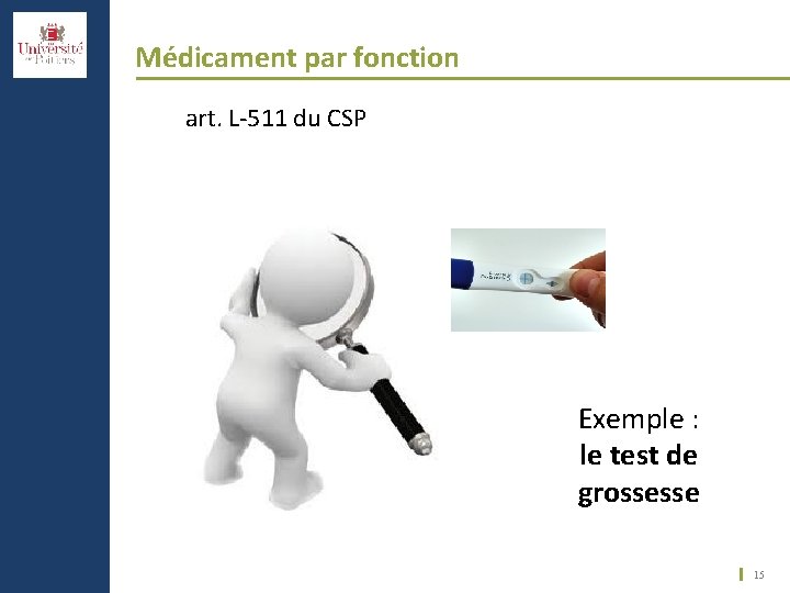 Médicament par fonction art. L-511 du CSP Exemple : le test de grossesse 15