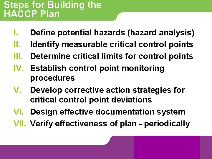 Steps for Building the HACCP Plan I. III. IV. Define potential hazards (hazard analysis)