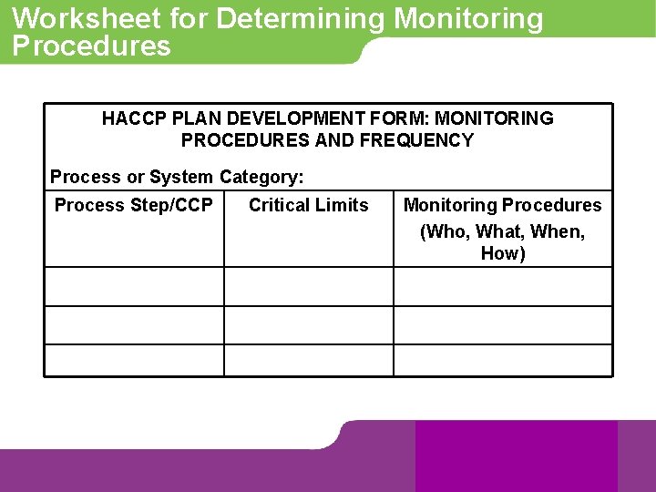 Worksheet for Determining Monitoring Procedures HACCP PLAN DEVELOPMENT FORM: MONITORING PROCEDURES AND FREQUENCY Process