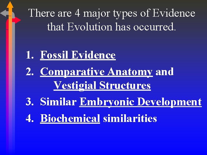 There are 4 major types of Evidence that Evolution has occurred. 1. Fossil Evidence