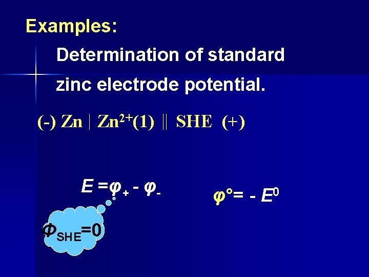 Examples: Determination of standard zinc electrode potential. (-) Zn Zn 2+(1) E =φ+ -