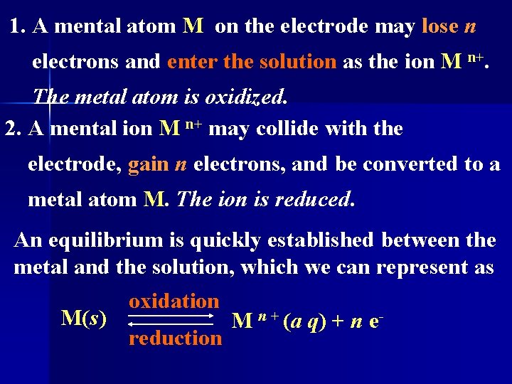 1. A mental atom M on the electrode may lose n electrons and enter