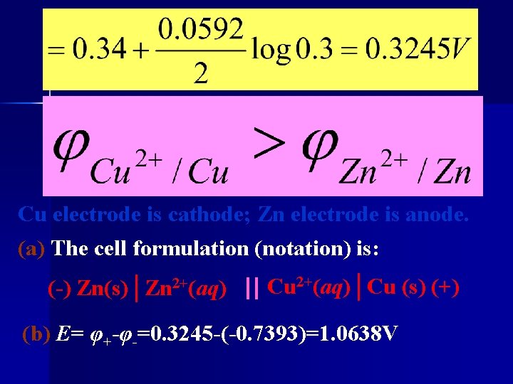 Cu electrode is cathode; Zn electrode is anode. (a) The cell formulation (notation) is: