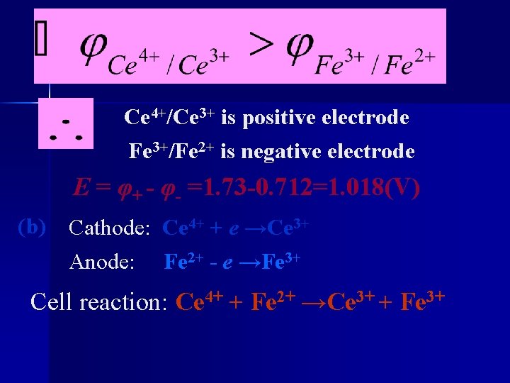 Ce 4+/Ce 3+ is positive electrode Fe 3+/Fe 2+ is negative electrode E =