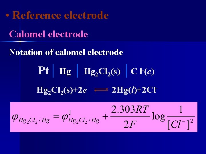  • Reference electrode Calomel electrode Notation of calomel electrode Pt│ Hg 2 Cl