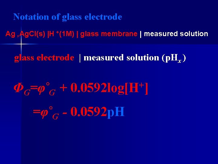 Notation of glass electrode Ag , Ag. Cl(s) |H +(1 M) | glass membrane