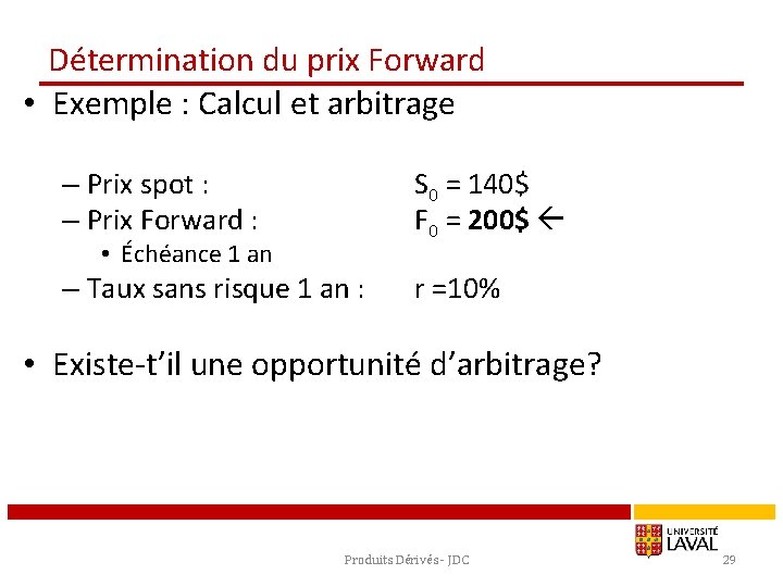 Détermination du prix Forward • Exemple : Calcul et arbitrage – Prix spot :