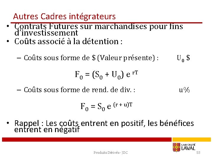 Autres Cadres intégrateurs • Contrats Futures sur marchandises pour fins d’investissement • Coûts associé