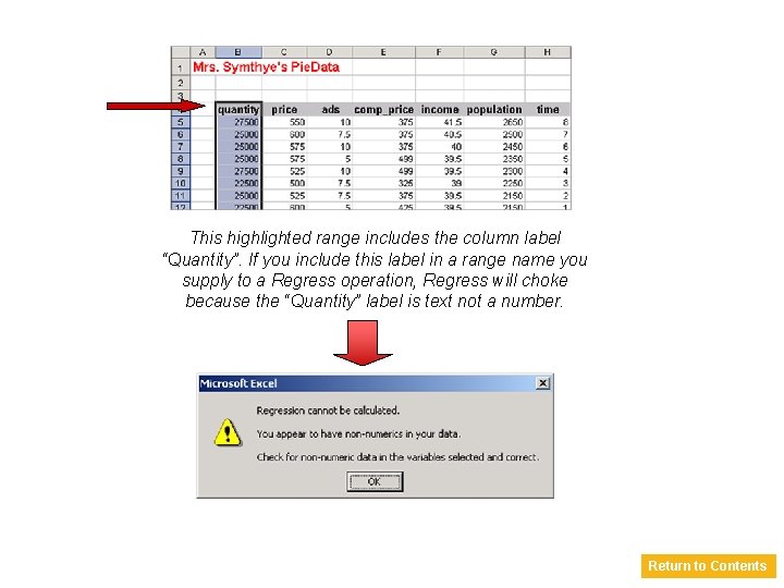 This highlighted range includes the column label “Quantity”. If you include this label in