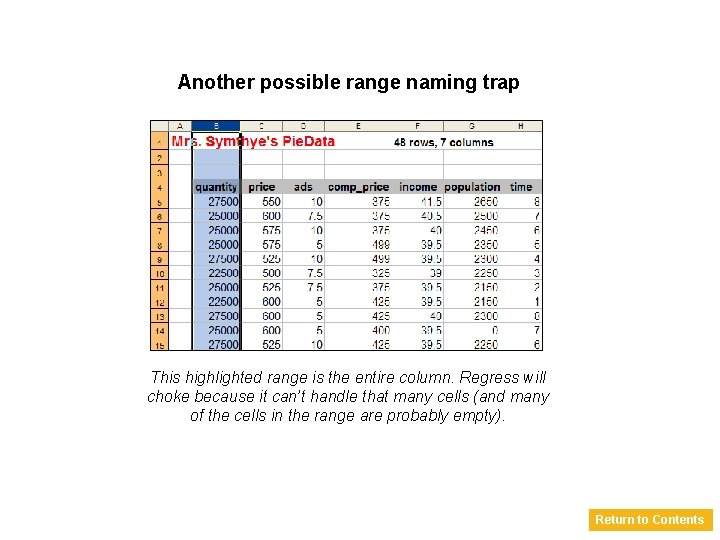 Another possible range naming trap This highlighted range is the entire column. Regress will