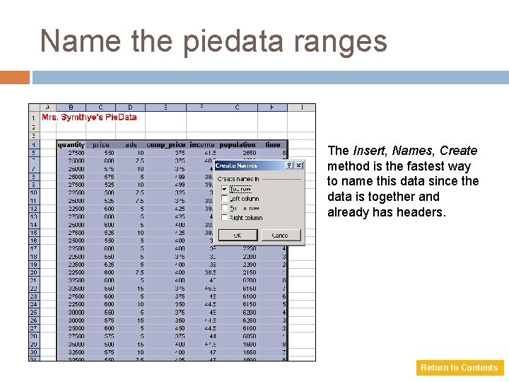 Name the piedata ranges The Insert, Names, Create method is the fastest way to