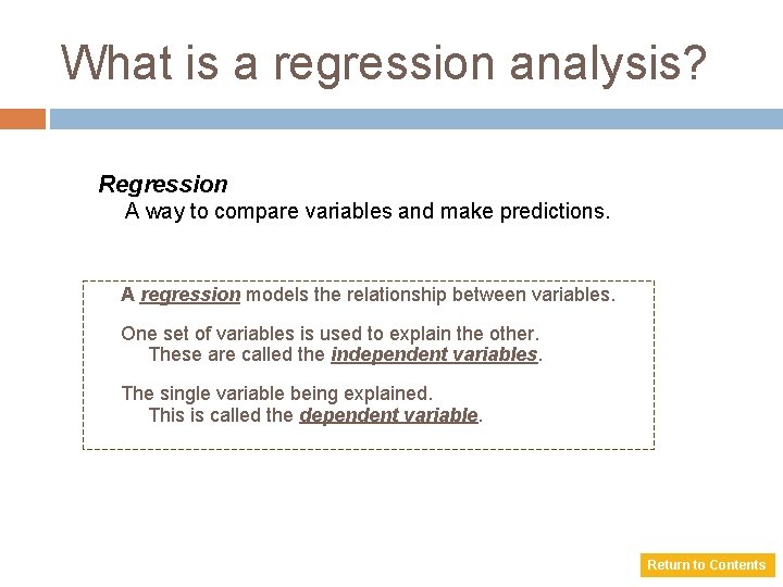 What is a regression analysis? Regression A way to compare variables and make predictions.