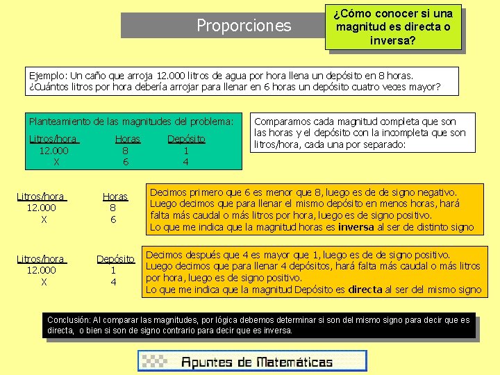 Proporciones ¿Cómo conocer si una magnitud es directa o inversa? Ejemplo: Un caño que