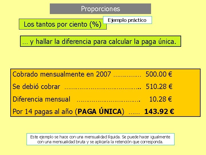 Proporciones Los tantos por ciento (%) Ejemplo práctico … y hallar la diferencia para