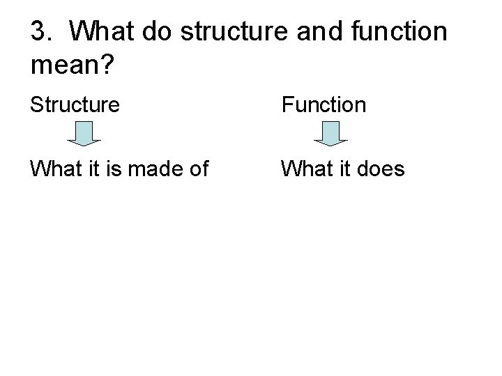 3. What do structure and function mean? Structure Function What it is made of