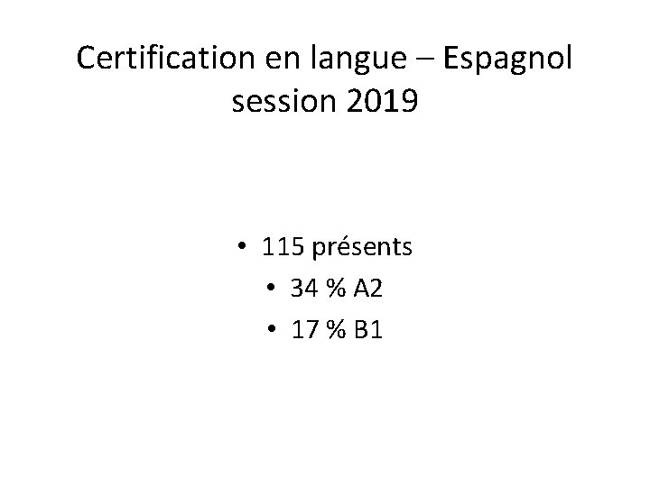 Certification en langue – Espagnol session 2019 • 115 présents • 34 % A