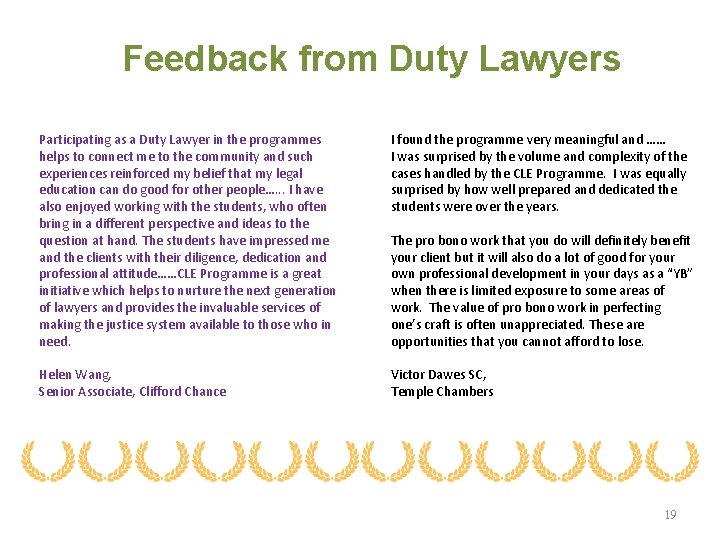 Feedback from Duty Lawyers Participating as a Duty Lawyer in the programmes helps to Feedback from Duty Lawyers Participating as a Duty Lawyer in the programmes helps to