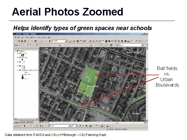 Aerial Photos Zoomed Helps identify types of green spaces near schools Ball fields vs.