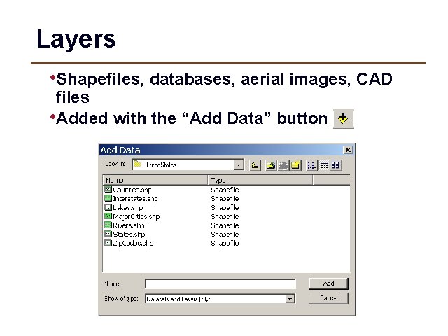 Layers • Shapefiles, databases, aerial images, CAD files • Added with the “Add Data”