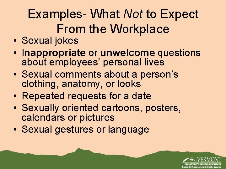 Examples- What Not to Expect From the Workplace • Sexual jokes • Inappropriate or