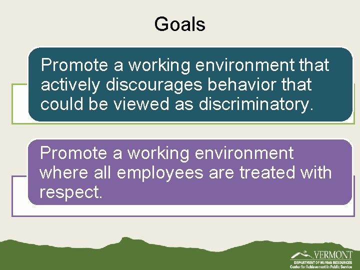 Goals Promote a working environment that actively discourages behavior that could be viewed as